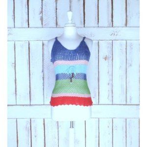 90s vintage blue green striped crochet knit cotton sleeveless tank top